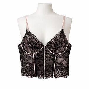 Black Lace Corset Bustier Pink Lining Top Baby Doll Coquette Lolita Sz S